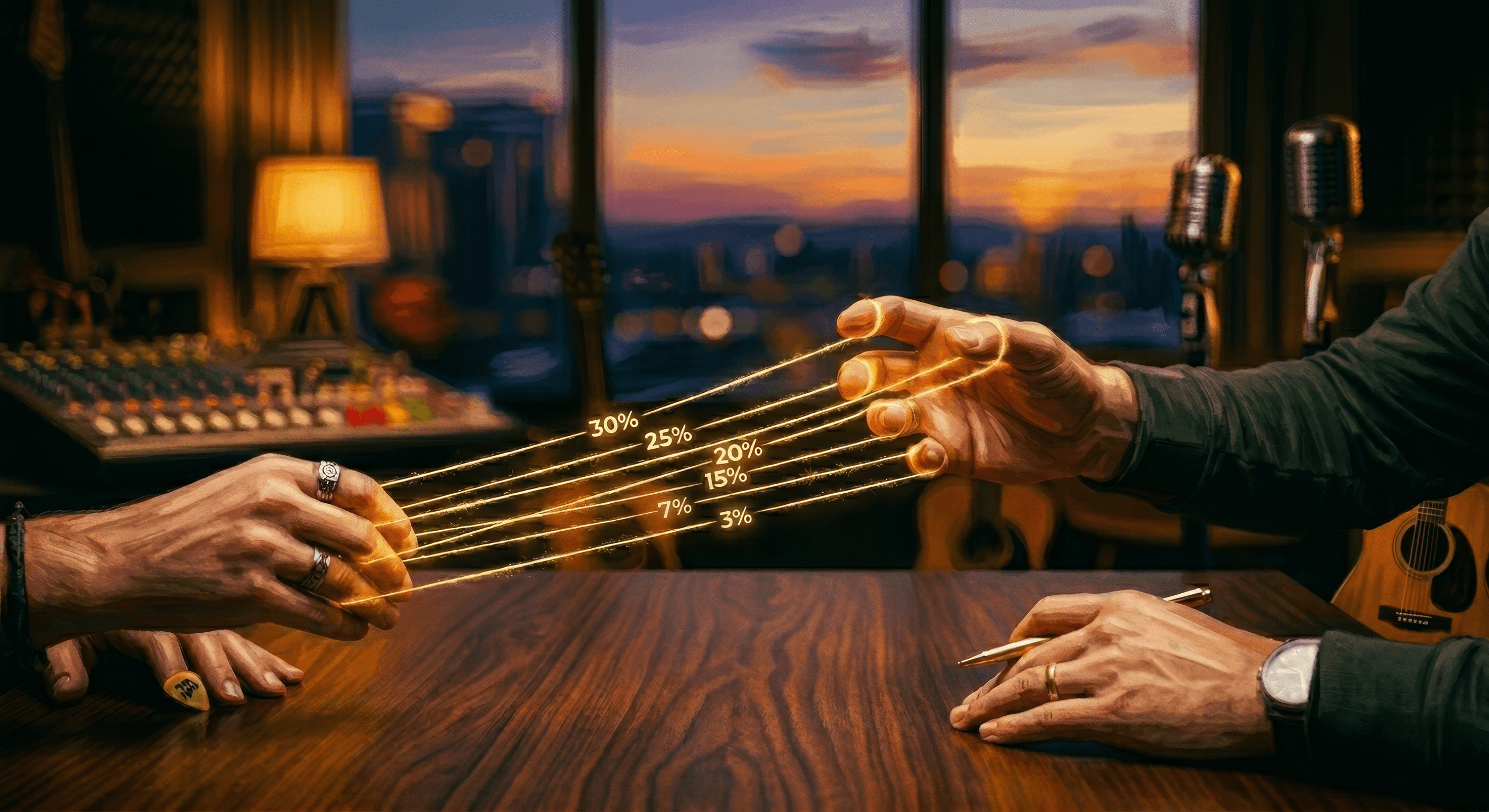 Two hands in a recording studio with golden threads representing song split percentages stretching between them